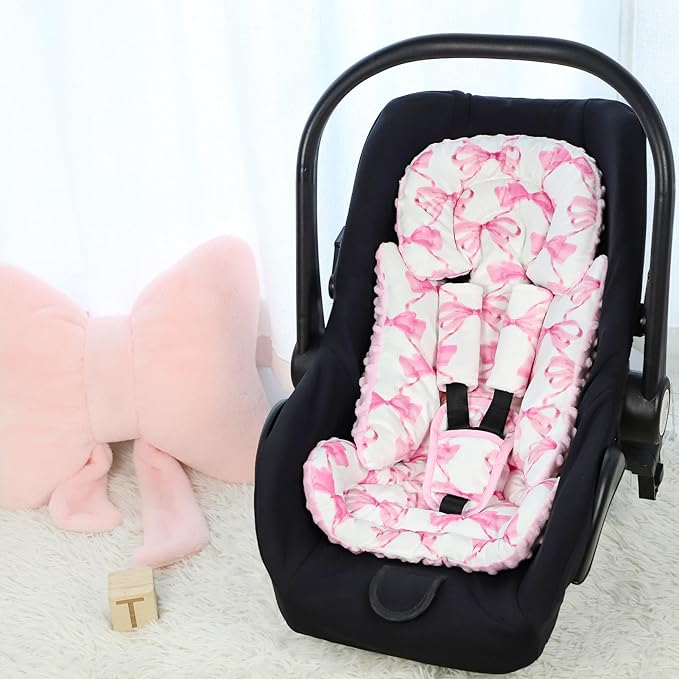 Infant Car Seat Insert, Soft Baby Car Seat Head & Body Support for Girl Boy, Reversible Newborn Preemie Carseat Insert Cushion with 3 Straps Pads, Fits Car Seat, Stroller, Swing, Bouncer, Pink Bow-CubbioJoy