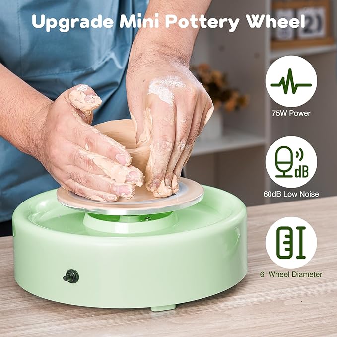 Alldeer Mini Pottery Wheel Machine - 6" Upgraded Clay Wheel for Beginners & Kids, 75W Motor, Adjustable Speed, Low Noise Ceramic Making Kit with 18PCS Sculpting Tools, Ideal for Home DIY (Green)-CubbioJoy