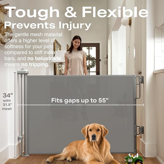 Cumbor 2-Pack Retractable Baby Gates for Stairs, 55" Wide Soft Mesh Pet Gate for Dogs with One Hand Opening, 34" Tall Toddler Gate with Top Lock for Bedroom, Doorways, Indoor/Outdoor, Gray-CubbioJoy