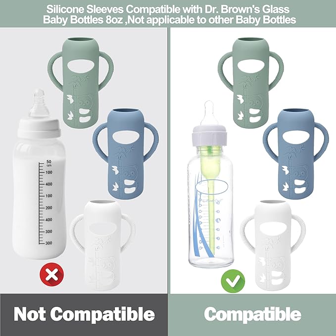 3 Pack Silicone Sleeves for Dr. Brown's Glass Baby Bottles - Drop Protection Baby Bottle Sleeves,Compatible with Dr. Brown's Newborn Glass Bottles,with Silicone Handles,8 oz-CubbioJoy