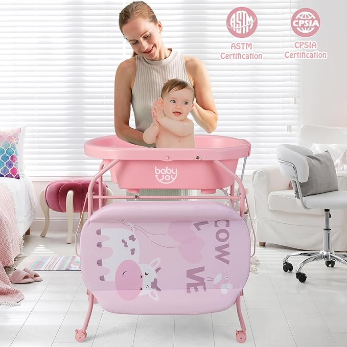 BABY JOY Baby Bathtub with Changing Table, Foldable Infant Diaper Changing Station with Storage Tray, Waterproof Pad, Portable Newborn Nursery Organizer Bath Stand with 4 Universal Wheels (Pink)-CubbioJoy
