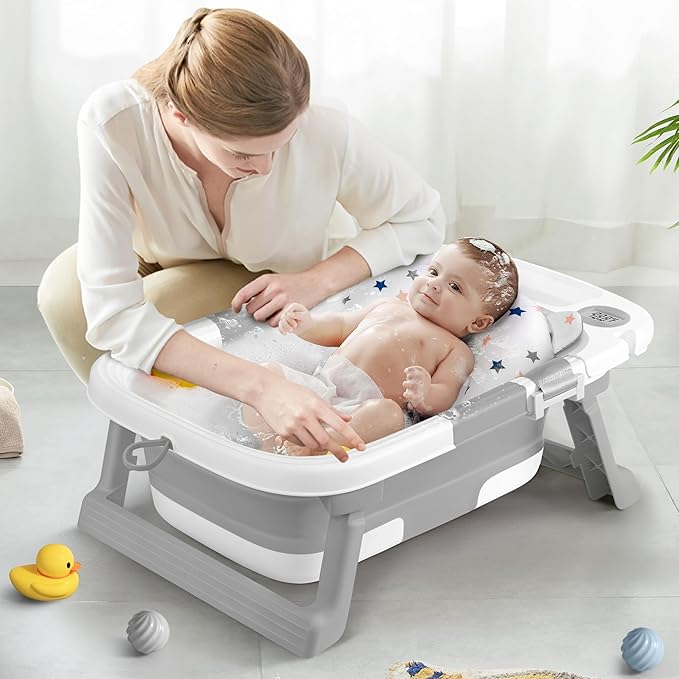 Collapsible Baby Bathtub,Baby Bath Tub with Thermometer & Soft Cushion,Baby Bathtub for Newborn to Toddler 0-36 Months,Portable Travel Baby Tub with No-Slip Feet,Baby Shower Gifts,Grey-CubbioJoy