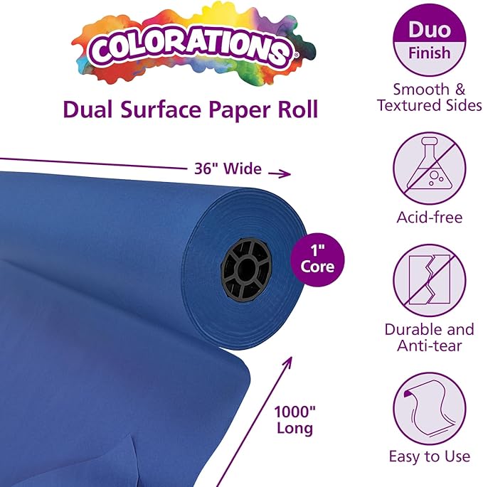 Colorations Arts and Crafts Paper Roll - 36" x 1000', Dark Blue , Dual Surface, Markers, Finger Paints, Painting, Watercolors, Acrylic Paints, Wall Art, Bulletin Board Paper, Kids Crafts-CubbioJoy