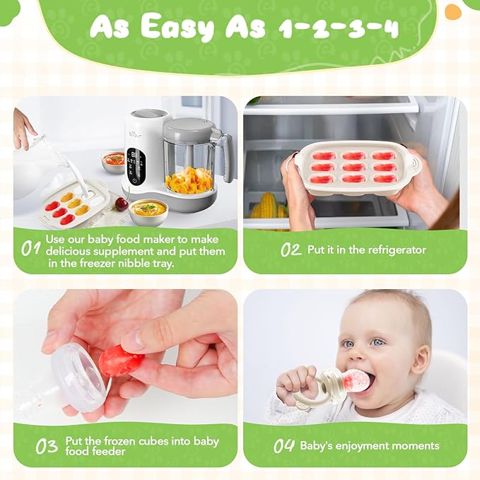 Bear Baby Fruit Food Feeder & Mini Freezer Nibble Tray Combo, 2 Pack Breastmilk Popsicle Molds for Baby Teething Relief, BPA Free Silicone Feeder for Safe Infant Self Feeding, Dishwasher Safe-CubbioJoy