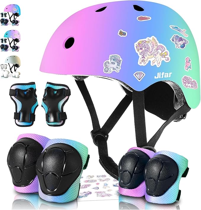 Adjustable Kids Bike Helmet with Knee & Elbow Pads Set, Color Gradient Design for Boys and Girls Aged 3-14+, for Skateboarding, Scooter, Roller & Inline Skating, Longboard-CubbioJoy