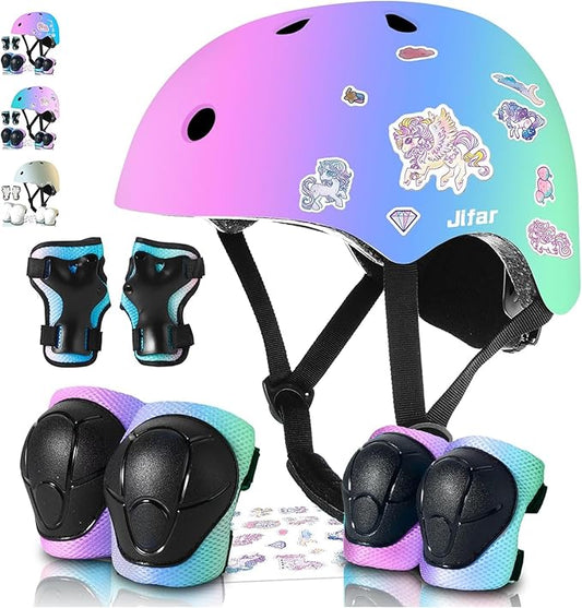 Adjustable Kids Bike Helmet with Knee & Elbow Pads Set, Color Gradient Design for Boys and Girls Aged 3-14+, for Skateboarding, Scooter, Roller & Inline Skating, Longboard-CubbioJoy