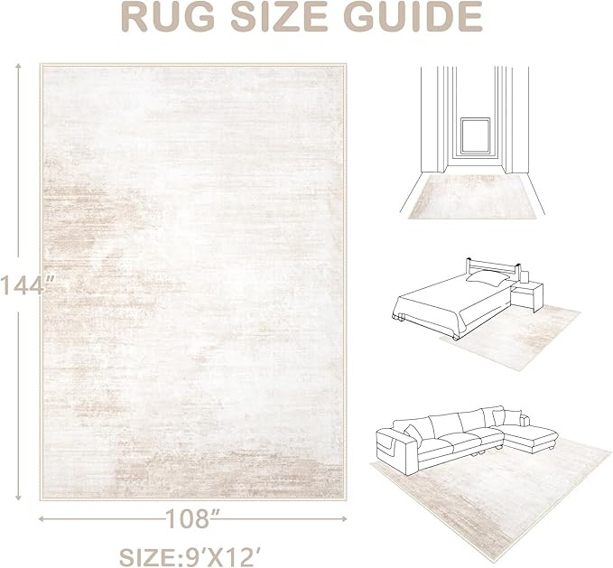 Area Rugs 9x12 Living Room: Washable Rug Modern Abstract Large Rugs Soft Non Slip Neutral Rug Stain Resistant Indoor Carpet for Bedroom Kitchen Dining Room Table Nursery Home Office Rugs(Beige,9'x12')-CubbioJoy