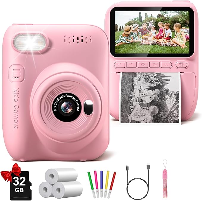 Instant Print Camera for Kids, 3.0" HD 32MP Kids Camera 1080P with 3 Rolls of Printer Paper, Birthday Gifts Toy for 3-12 Year Old Girls Boys with 32GB SD Card-Pink-CubbioJoy