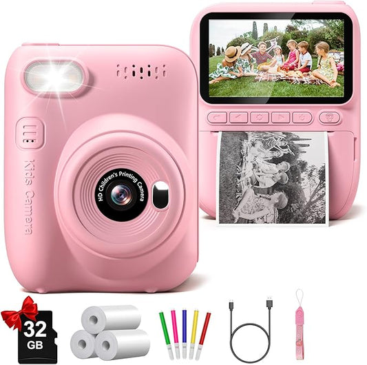 Instant Print Camera for Kids, 3.0" HD 32MP Kids Camera 1080P with 3 Rolls of Printer Paper, Birthday Gifts Toy for 3-12 Year Old Girls Boys with 32GB SD Card-Pink-CubbioJoy