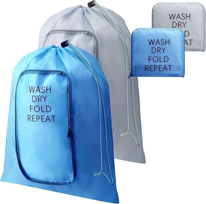 2 Pcs Travel Laundry Bag Washable Dirty Clothes Bag with Drawstring and Zipper for Suitcase, 22 x 18 Inch (Gray, Blue,Classic)-CubbioJoy