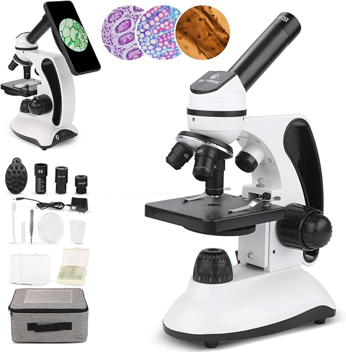 BNISE Microscope kit for Kids Adults Students, 40X-2000X Magnification, Prepared Slides Kit, Dual LED Illumination, All Glass Optics, and Cordless Capability for Children Beginner-CubbioJoy