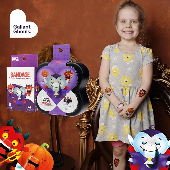 BioSwiss Bandages, Halloween Ghouls Shaped Self Adhesive Bandage, Latex Free Sterile Wound Care, Fun First Aid Kit Supplies for Kids and Adults, 50 Count-CubbioJoy