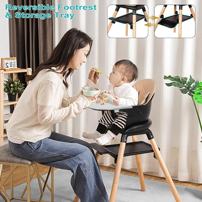 Baby High Chair, 6 in 1 Wooden Convertible High Chairs for Babies and Toddlers, Booster Seat with Double Tray & Reversible Footrest, 5-Point Harness Infants Feeding Seat, Black-CubbioJoy