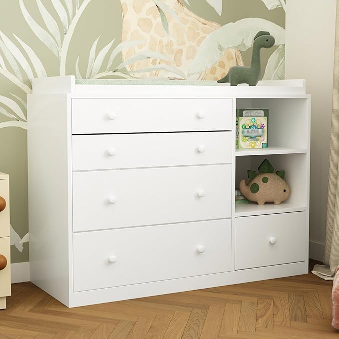 Changing Table Dresser, Baby Classic Nursery Dresser with 5 Drawers and 2 Shelves, Multi-Functional Baby Changing Table, Diaper Changing Station for Children's Room, White-CubbioJoy