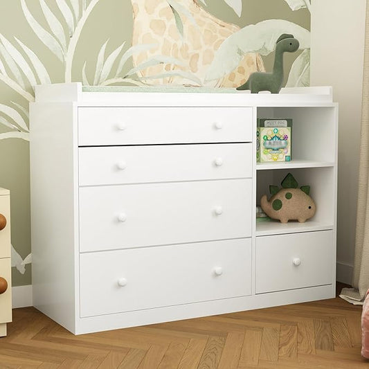 Changing Table Dresser, Baby Classic Nursery Dresser with 5 Drawers and 2 Shelves, Multi-Functional Baby Changing Table, Diaper Changing Station for Children's Room, White-CubbioJoy