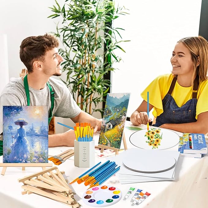 12 Pack 8x10” Canvas Boards and Round Canvas for Painting, Couple Painting Kit with Wood Easel, Acrylic Paint, Paint Brushes Set for Kids Teenagers Adults Date Night Sip and Paint Party-CubbioJoy