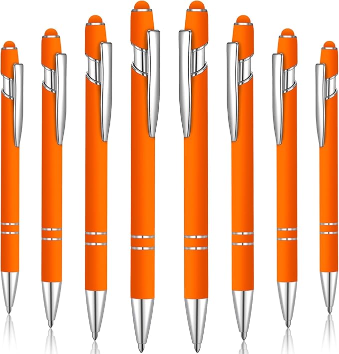 8 Pieces Ballpoint Pen with Stylus Tip Black Ink 2 in 1 Stylus Metal 1.0 mm Medium Point Smooth Pen Rainbow Colorful Rubberized Ballpoint for Touch Screen Tablet(Orange)-CubbioJoy