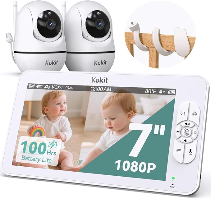 7" 1080P Full HD Split-Screen Baby Monitor,100 Hrs 5000mAh Battery Runs 4 Days with Flexible Bracket,No WiFi Baby Monitor with 2 FHD Cameras Hack-Proof,4X Zoom,2-Way Talk,Temp Alert/Lullabies/VOX-CubbioJoy