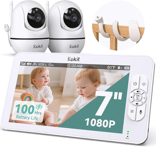 7" 1080P Full HD Split-Screen Baby Monitor,100 Hrs 5000mAh Battery Runs 4 Days with Flexible Bracket,No WiFi Baby Monitor with 2 FHD Cameras Hack-Proof,4X Zoom,2-Way Talk,Temp Alert/Lullabies/VOX-CubbioJoy