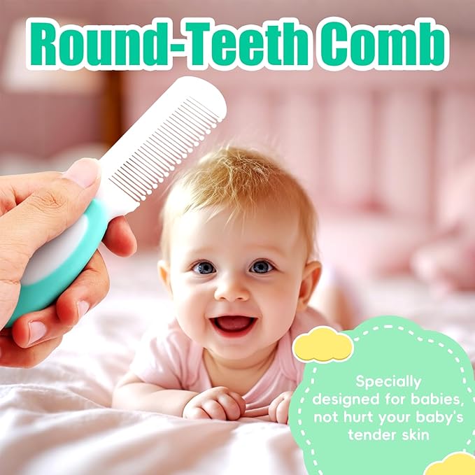 Baby Hair Brush and Comb Set, 4Pcs Baby Soft Bristles Hairbrush Cradle Cap Brush Hair Comb for Newborns Toddlers Boys Girls (Green)-CubbioJoy