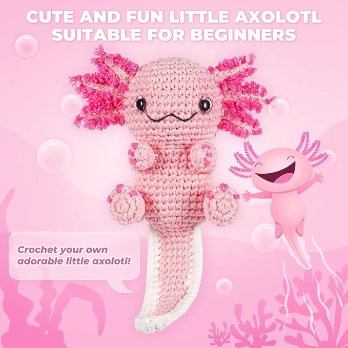Crochet Kit for Beginners, Learn to Crochet, Include Easy Knitting Soft Yarn, Step-by-Step Video Tutorial, Hook, Holiday Birthday Gift for Adults and Kids(Happy Axolotl)-CubbioJoy