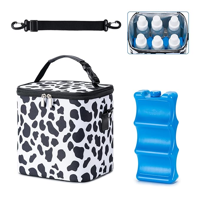 Breastmilk Cooler Bag with Ice Pack Fits 6 Baby Bottles Up to 9 Ounce, Baby Bottle Bag with Shoulder Strap for Nursing Mom Daycare, Cow-CubbioJoy