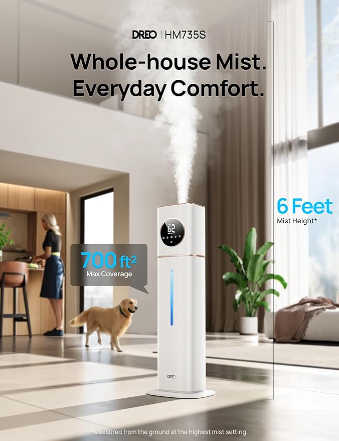 Dreo 11L Smart Humidifier Large Room 700 ft², 100H Cool Mist Air Humidifiers for Bedroom Baby Plants, Top-Fill Self-Cleaning Tank, 26dB, Auto Mode, RGB Light, Remote & APP Control, HM735S White-CubbioJoy