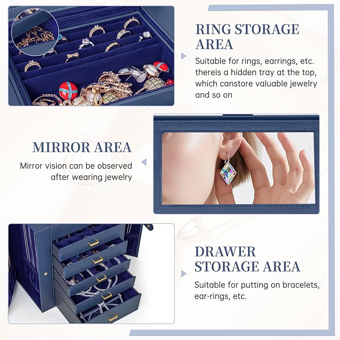 AKOZLIN Extra Large 6-Tier Jewelry Box Organizer Functional Huge, 5 Drawers Leather Jewelry Storage Case for Women Girls Ring Necklace Earring Bracelet Holder Organizer with Mirror Blue-CubbioJoy