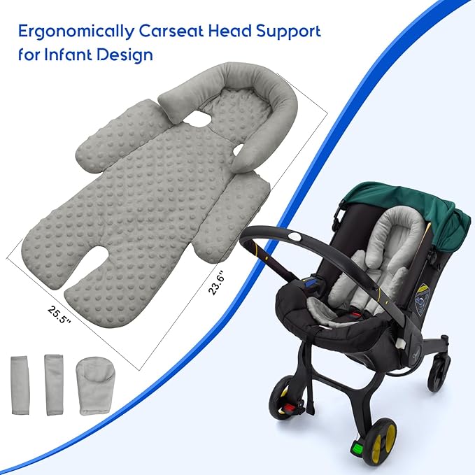 Baby Car Seat Head Support for Doona Stroller, Thickened Infant Carseat Head Support with 3 Strap Covers, Reversible Car Seat Insert for Newborn, Baby Car Seat Cushion with Filled Natural Cotton-CubbioJoy