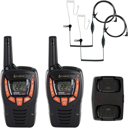 Cobra ACXT390 Walkie Talkies & Compatible Cobra Surveillance Headset - Rechargeable, 22 Channels, Long-Range, 2 Two-Way Radios, 2 Headsets, Black/Orange-CubbioJoy