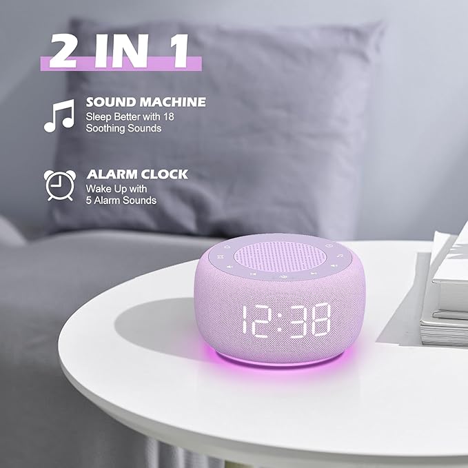 Buffbee Sound Machine & Alarm Clock 2-in-1, 0-100% Clock Face Brightness, Bottom Colored Light, Sleep Timer, Precise 30-Level Volume White Noise Machine, Digital Alarm Clocks for Bedrooms - Purple-CubbioJoy
