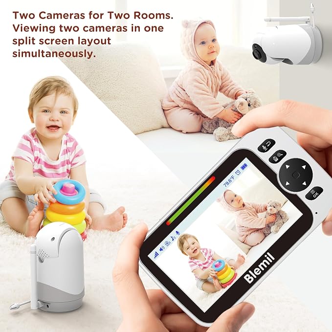 Baby Monitor with 30-Hour Battery, 5" Large Split-Screen Video Baby Monitor with Camera and Audio, 3500mAh Battery, Remote Pan/Tilt/Zoom Camera, Two-Way Talk, Night Vision, Lullabies, No WiFi-CubbioJoy