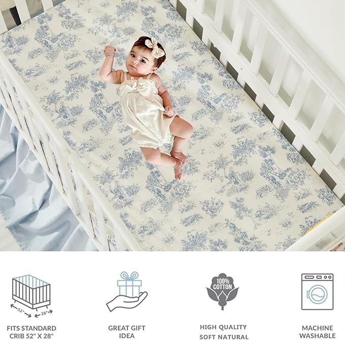 Brandream 3 Pieces French Country Toile Crib Bedding Set for Girls Vintage Blue Toile Floral Print 100% Cotton Baby Girl Nursery Bedding Collection - Ruffles Quilt,Toile Crib Sheet,Crib Bed Skirt-CubbioJoy