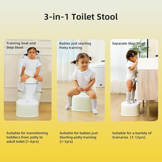 3 in 1 Toddler Potty Training Toilet Seat with Steps Ladder, Foldable Potty Train Chair Adapter for Toddlers Kids Boys Girls, Yellow-CubbioJoy