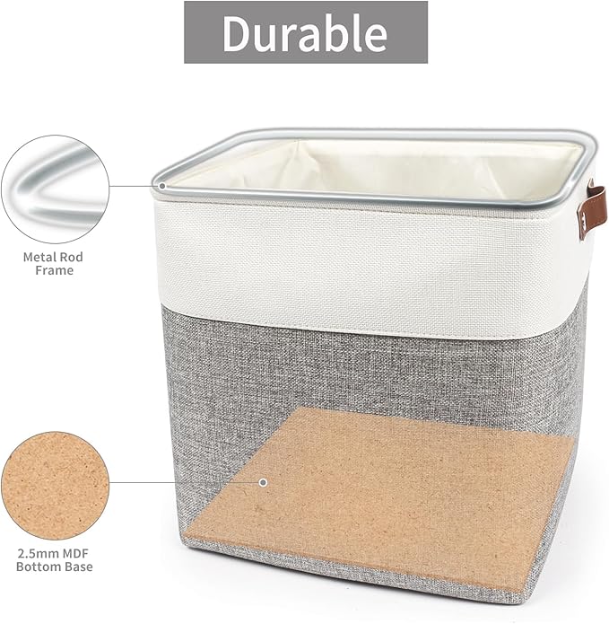 13x13 Cube Storage Bins, Collapsible Fabric Storage Box, 4 Pack Closet Baskets with Handles for Organizing, Shelf, Toys, Clothes, Home, Office, Nursery (Grey&White)-CubbioJoy