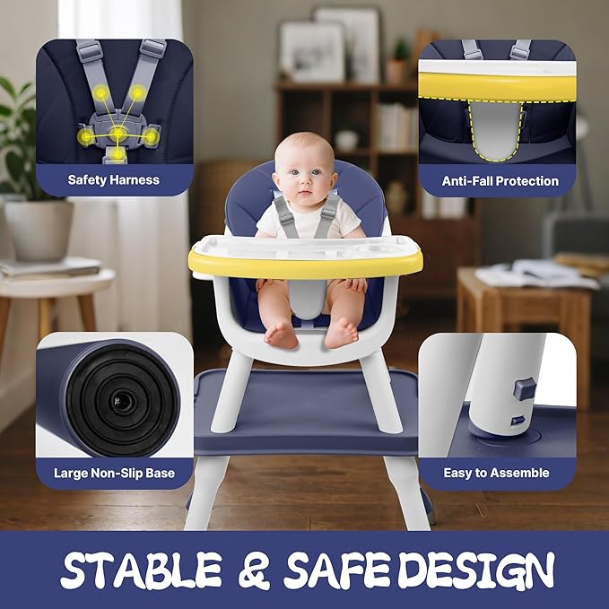 4 in 1 Baby High Chair, Toddler Chair with Removable Tray, Convertible High Chairs for Babies and Toddlers, Kids Learning Table, Building Block Table, Dining Booster Seat with Safety Harness, Blue-CubbioJoy