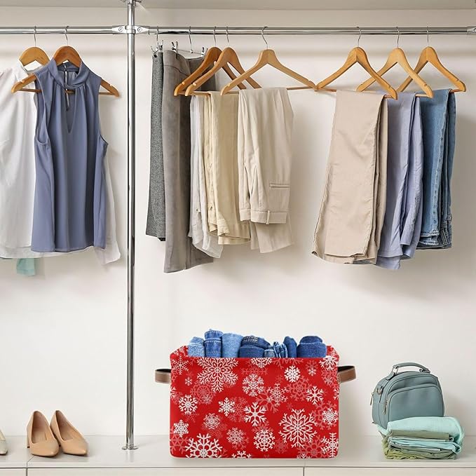 Christmas White Snowflakes on Red Storage Basket Cube Storage Bins Organizer Bag Collapsible Closet Shelf Baskets with handle for Baby Cloth Pet Toy Book 14.2×10.2×8.3 IN-CubbioJoy