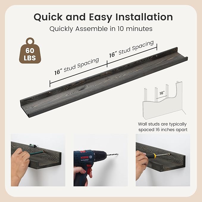 48 Inch Long Floating Shelves for Wall, Solid Pine Wood Picture Ledge Shelves with Lips, Nursery Book Shelves for Toys Storage Living Room Bedroom Photo Frames (2 Pcs, Grey)-CubbioJoy