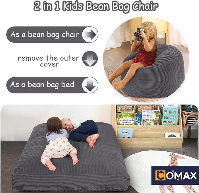 COMAX Kids Bean Bag Chair Turn into Beanbag Bed, Toddler Bean Chair Corduroy for Girl Boy Sleeping, Lazy Children Bean Bags with Filler, Convertible Child Floor Mattress, Charcoal-CubbioJoy