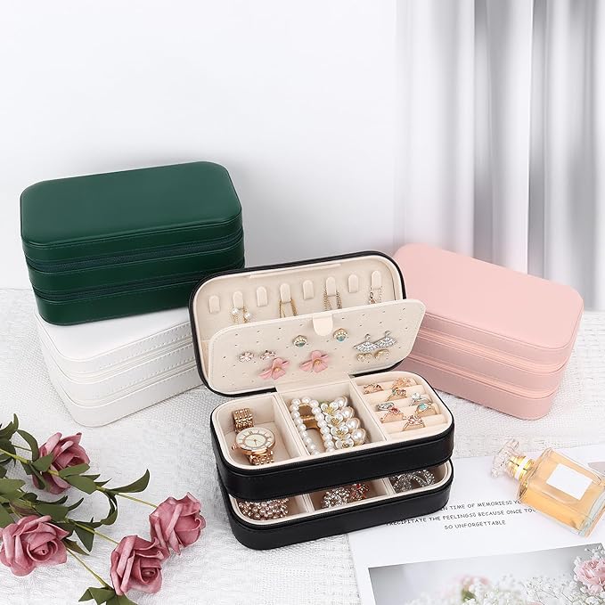 DesignSter Small Travel Jewelry Box with Double Zipper, 2 Layers PU Portable Jewelry Case for Women and Girls,Travel Jewelry Organizer for Rings, Earrings, Necklaces, Bracelets,Black-CubbioJoy