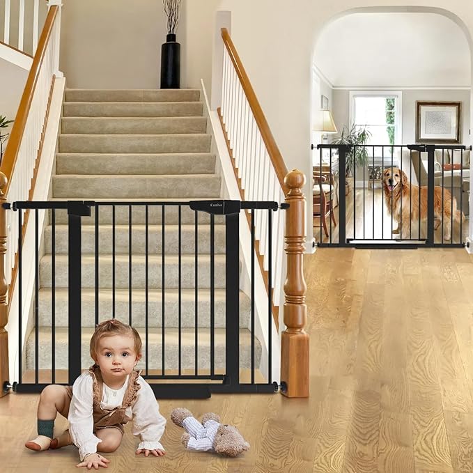 Cumbor 2 Pack 29.7-46" Baby Gate for Stairs, Mom's Choice Awards Winner-Auto Close Dog Gate for doorways, Easy Install Pressure Mounted Pet Gates indoor, Easy Walk Thru Wide Safety Gate for Dog, Black-CubbioJoy