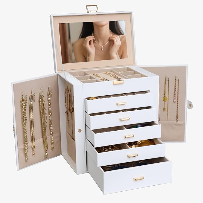 BOOVO Jewelry Box For women, 6 Layer Large Jewelry Organizer With Mirror, Multi-Function Storage Box With Lock, Necklace Holder With 5 Drawers, For Earrings Necklace Bracelet (White and Gold)-CubbioJoy