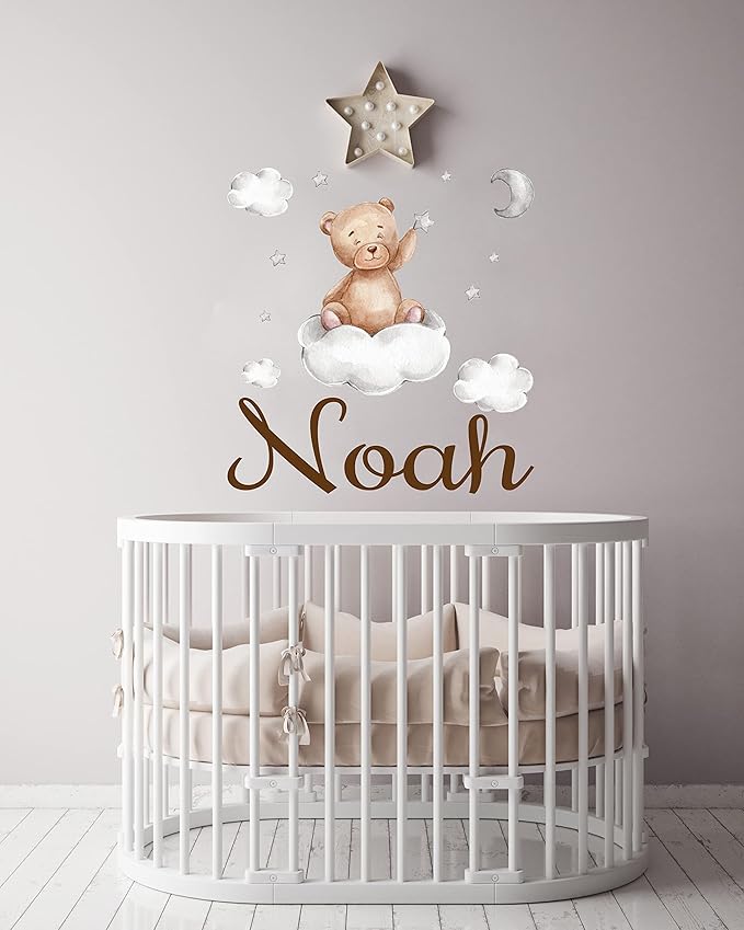 Custom Name Teddy Bear Nursery Wall Decal - Moon, Starts Clouds Watercolor Baby Room Decor for Boys & Girls - Teddy Bear Wall Stickers - Personalized Name Wall Sticker for Nursery playroom-CubbioJoy
