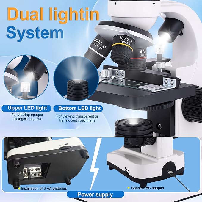 Binocular Microscope Magnification 40X-2500X, WF10x and WF25x Eyepieces, Dual LED Illumination, Suitable for Schools Home Labs Educational Adult Microscope-CubbioJoy