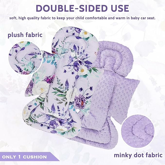Infant Car Seat Insert and Strap Covers, Very Soft Car Seat Head Support Baby Girl Boy, Reversible Newborn Carseat Insert Cushion Fits for Stroller, Baby Swing, Bouncer (Purple Floral)-CubbioJoy