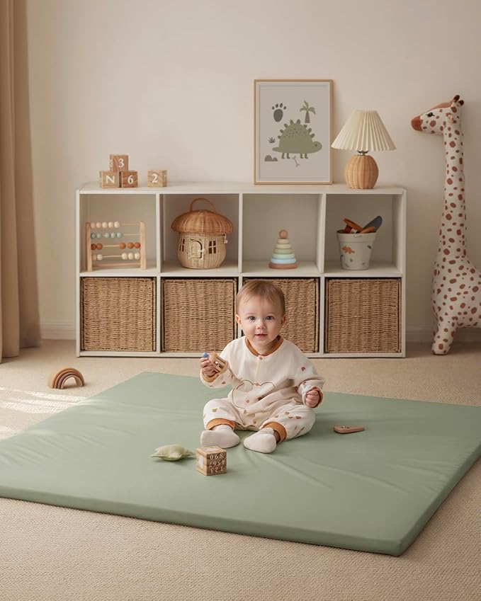 Blissful Diary Vegan Leather Baby Play Mat, 50x50 Thicken Foam Cushioned & Waterproof Playpen Mat for Infants and Toddlers, Stylish and Just Wipe-Clean Playmat for Baby Play on Floor, Light Green-CubbioJoy