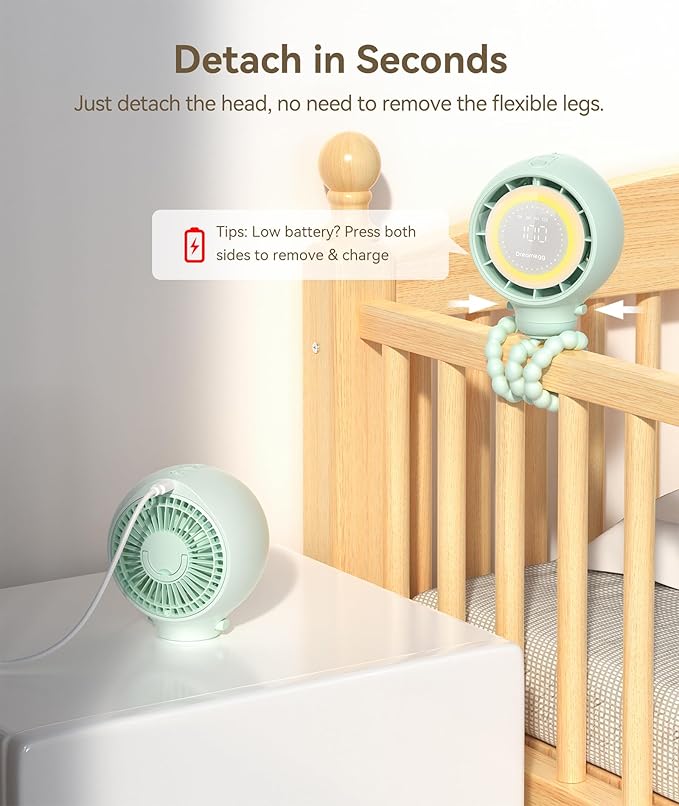 Dreamegg Portable Stroller Fan - 4000mAh Rechargeable Baby Stroller Fan With LED Display, Night Light, Hidden Blade, Detachable 4 Speed 360°Rotate, Handheld Cooling for Crib,Travel, Car Seat(Green)-CubbioJoy