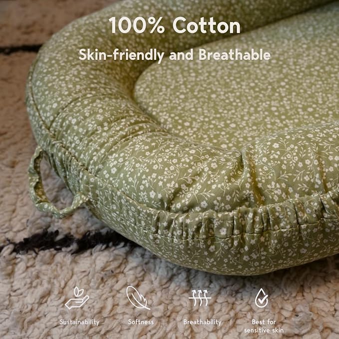 Infant Lounger, Baby Nest Cover for Baby Girls & Boys, Newborn Essentials for Baby 0-18+ Months, 100% Cotton Breathable (Green_Wonder, Cotton_Muslin)-CubbioJoy