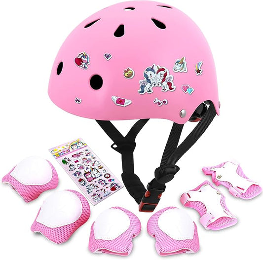 Kids Bike Helmet with DIY Stickers and Knee Pads Elbow Pads Wrist Guard Set for Ages 3-8-14 Toddler Boys Girls Helmet for Roller Skates Cycling Skateboarding Bicycle Scooter-CubbioJoy