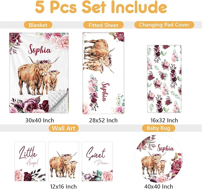 Custom Baby Crib Bedding Set, 5 Pcs Personalized Name Baby Crib Sets for Infant Toddler, Purple Highland Cow Nursery Bedding Set for Baby Girls, Double Layer Baby Bedding Sets Customized Gifts-CubbioJoy